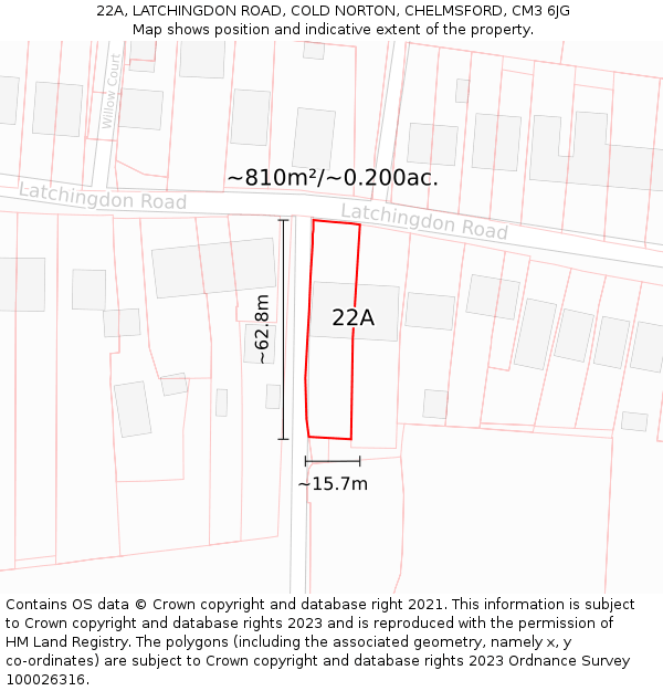 22A, LATCHINGDON ROAD, COLD NORTON, CHELMSFORD, CM3 6JG: Plot and title map