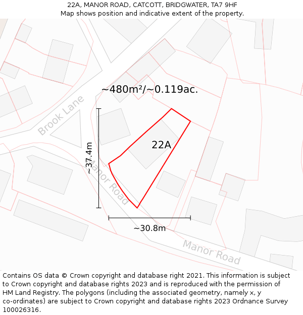 22A, MANOR ROAD, CATCOTT, BRIDGWATER, TA7 9HF: Plot and title map