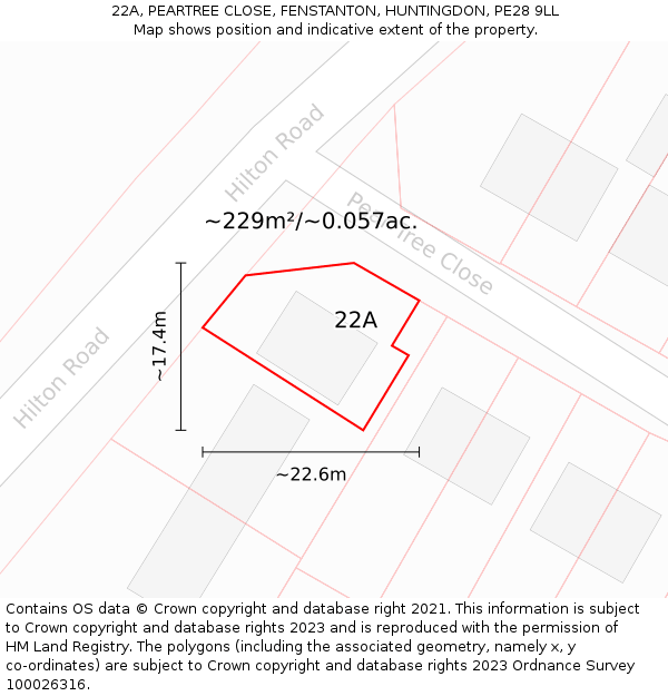22A, PEARTREE CLOSE, FENSTANTON, HUNTINGDON, PE28 9LL: Plot and title map