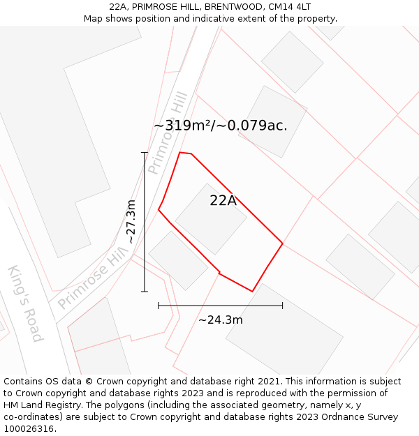 22A, PRIMROSE HILL, BRENTWOOD, CM14 4LT: Plot and title map