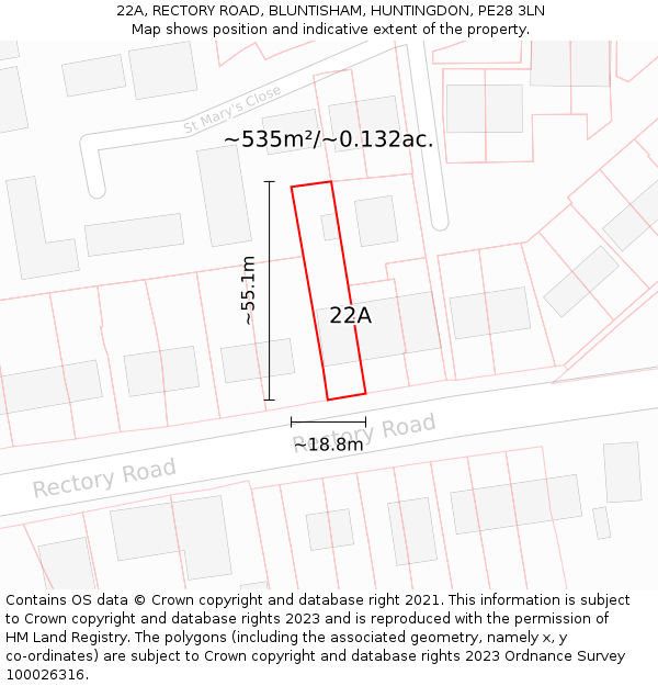 22A, RECTORY ROAD, BLUNTISHAM, HUNTINGDON, PE28 3LN: Plot and title map