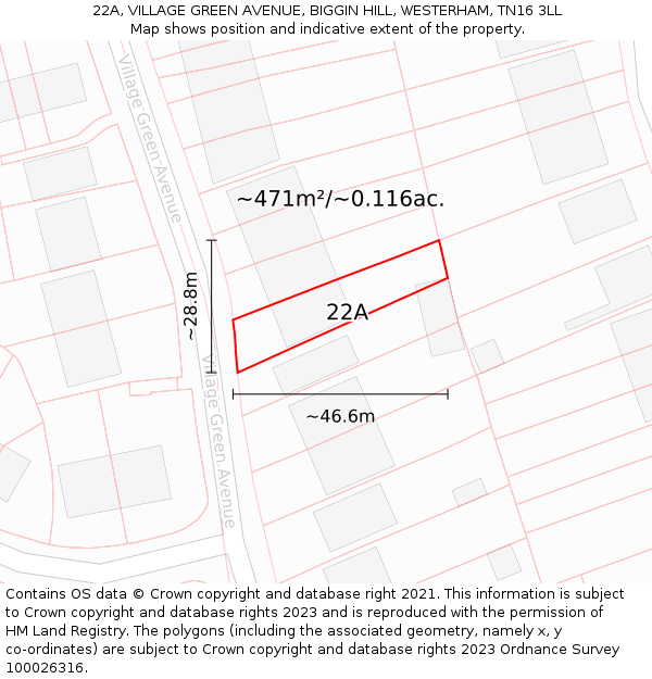 22A, VILLAGE GREEN AVENUE, BIGGIN HILL, WESTERHAM, TN16 3LL: Plot and title map