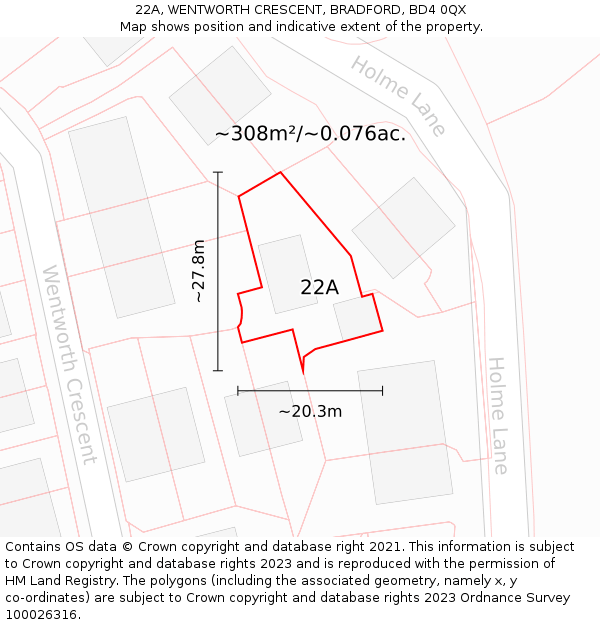 22A, WENTWORTH CRESCENT, BRADFORD, BD4 0QX: Plot and title map