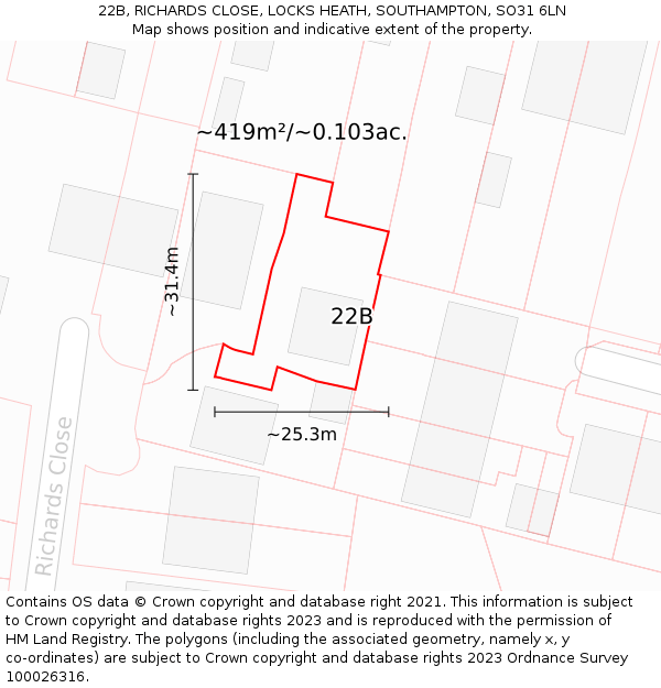 22B, RICHARDS CLOSE, LOCKS HEATH, SOUTHAMPTON, SO31 6LN: Plot and title map