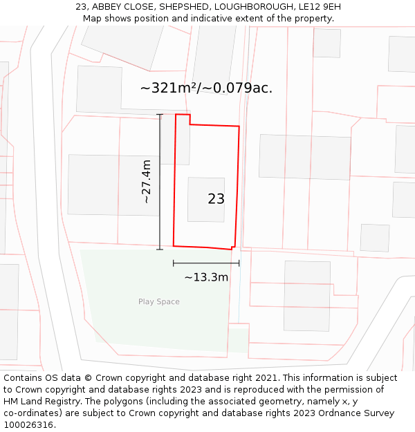 23, ABBEY CLOSE, SHEPSHED, LOUGHBOROUGH, LE12 9EH: Plot and title map