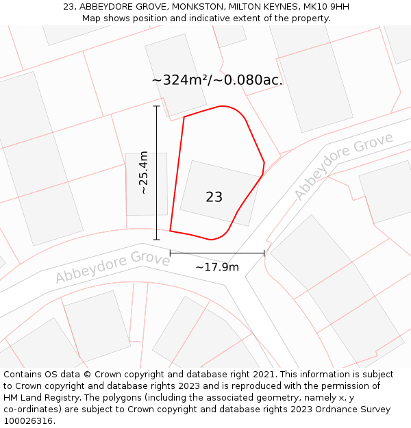 23, ABBEYDORE GROVE, MONKSTON, MILTON KEYNES, MK10 9HH: Plot and title map