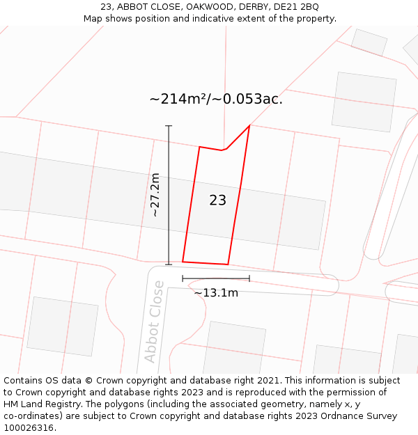 23, ABBOT CLOSE, OAKWOOD, DERBY, DE21 2BQ: Plot and title map