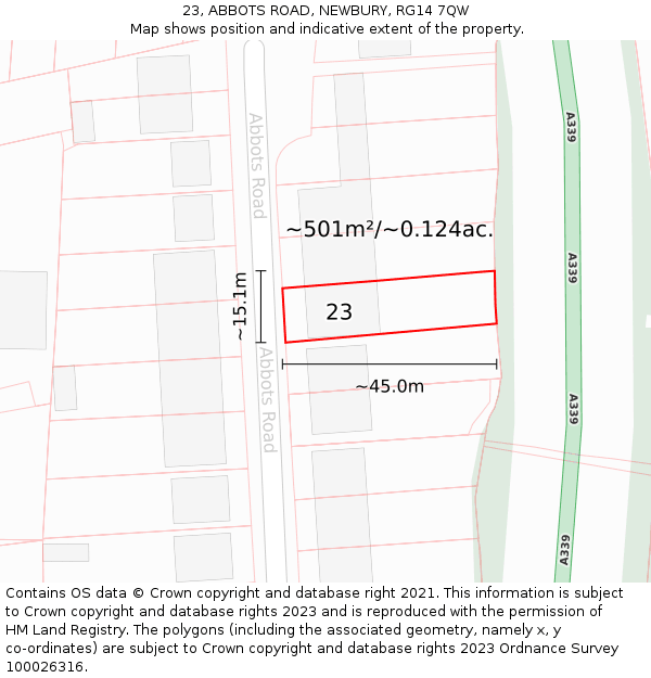 23, ABBOTS ROAD, NEWBURY, RG14 7QW: Plot and title map