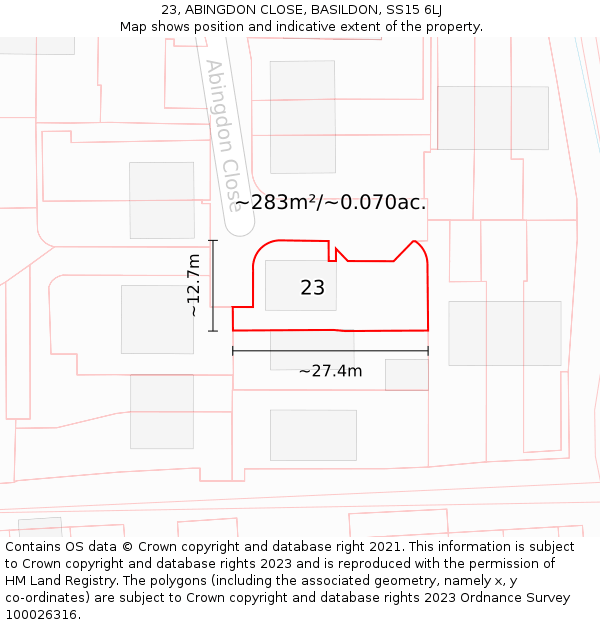 23, ABINGDON CLOSE, BASILDON, SS15 6LJ: Plot and title map