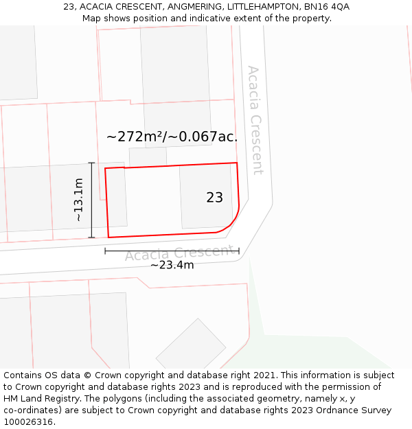 23, ACACIA CRESCENT, ANGMERING, LITTLEHAMPTON, BN16 4QA: Plot and title map