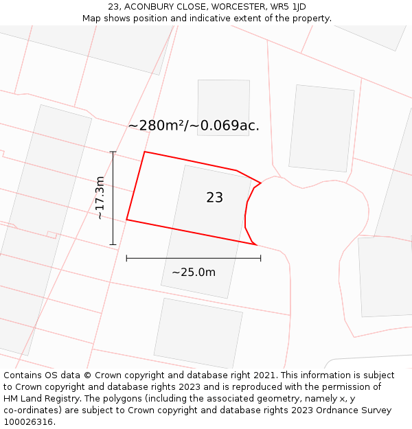 23, ACONBURY CLOSE, WORCESTER, WR5 1JD: Plot and title map
