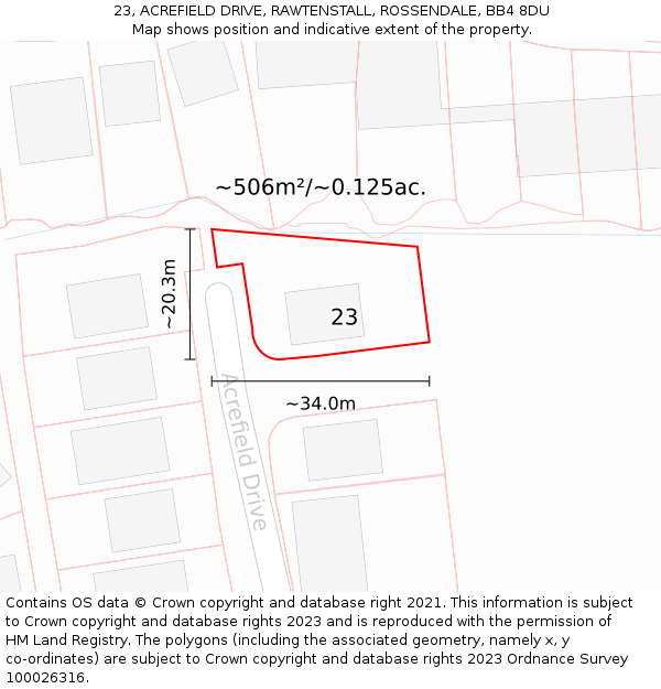 23, ACREFIELD DRIVE, RAWTENSTALL, ROSSENDALE, BB4 8DU: Plot and title map