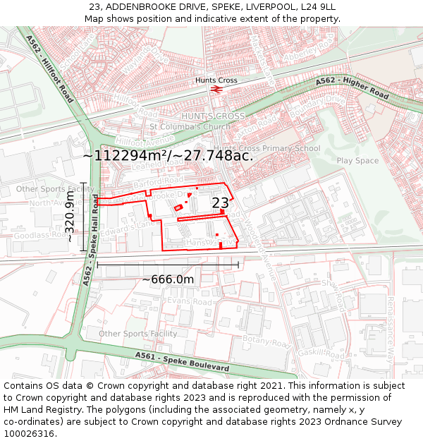 23, ADDENBROOKE DRIVE, SPEKE, LIVERPOOL, L24 9LL: Plot and title map