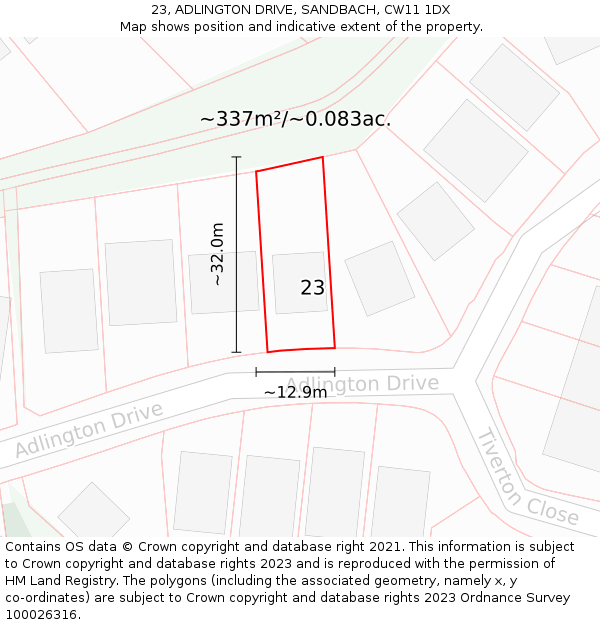 23, ADLINGTON DRIVE, SANDBACH, CW11 1DX: Plot and title map