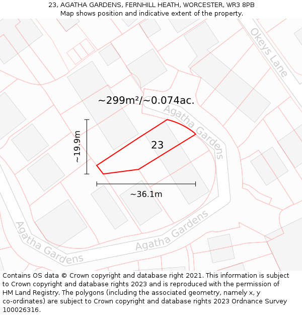 23, AGATHA GARDENS, FERNHILL HEATH, WORCESTER, WR3 8PB: Plot and title map