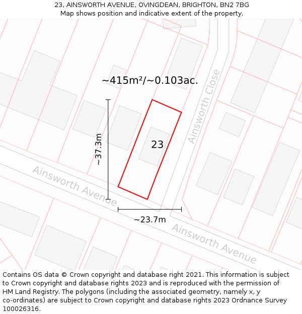 23, AINSWORTH AVENUE, OVINGDEAN, BRIGHTON, BN2 7BG: Plot and title map