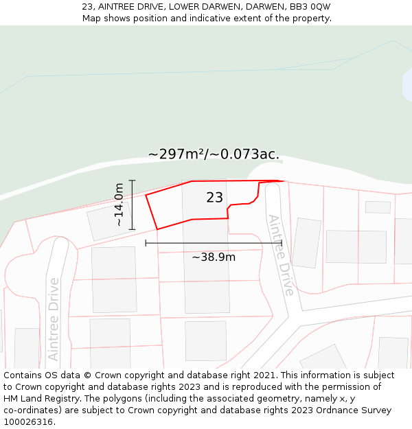 23, AINTREE DRIVE, LOWER DARWEN, DARWEN, BB3 0QW: Plot and title map