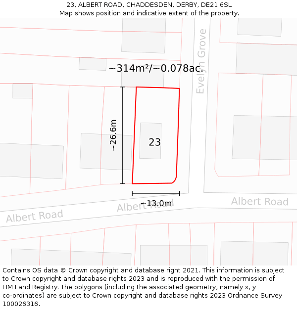 23, ALBERT ROAD, CHADDESDEN, DERBY, DE21 6SL: Plot and title map