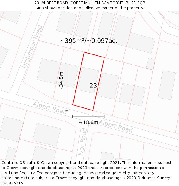 23, ALBERT ROAD, CORFE MULLEN, WIMBORNE, BH21 3QB: Plot and title map