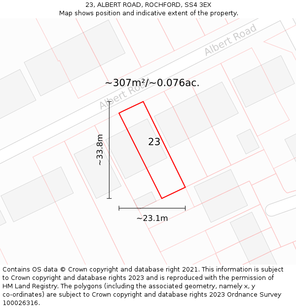 23, ALBERT ROAD, ROCHFORD, SS4 3EX: Plot and title map