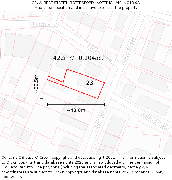 23, ALBERT STREET, BOTTESFORD, NOTTINGHAM, NG13 0AJ: Plot and title map