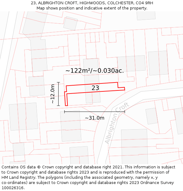 23, ALBRIGHTON CROFT, HIGHWOODS, COLCHESTER, CO4 9RH: Plot and title map