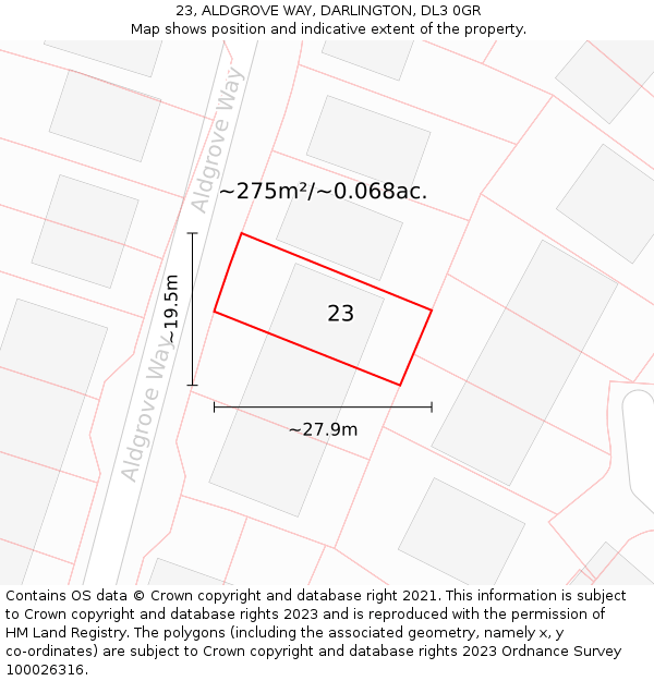 23, ALDGROVE WAY, DARLINGTON, DL3 0GR: Plot and title map