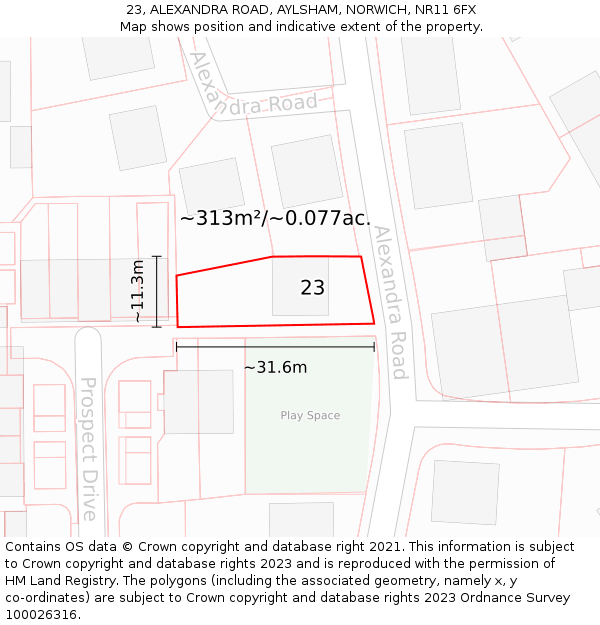 23, ALEXANDRA ROAD, AYLSHAM, NORWICH, NR11 6FX: Plot and title map