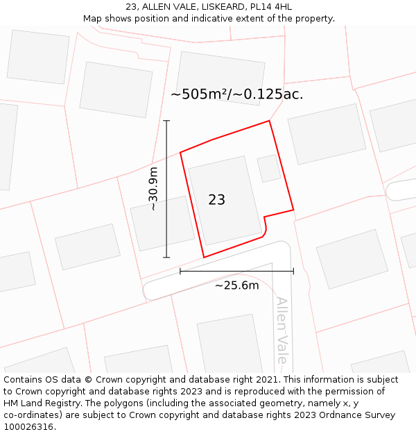 23, ALLEN VALE, LISKEARD, PL14 4HL: Plot and title map