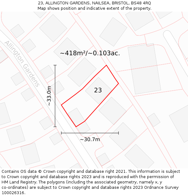 23, ALLINGTON GARDENS, NAILSEA, BRISTOL, BS48 4RQ: Plot and title map