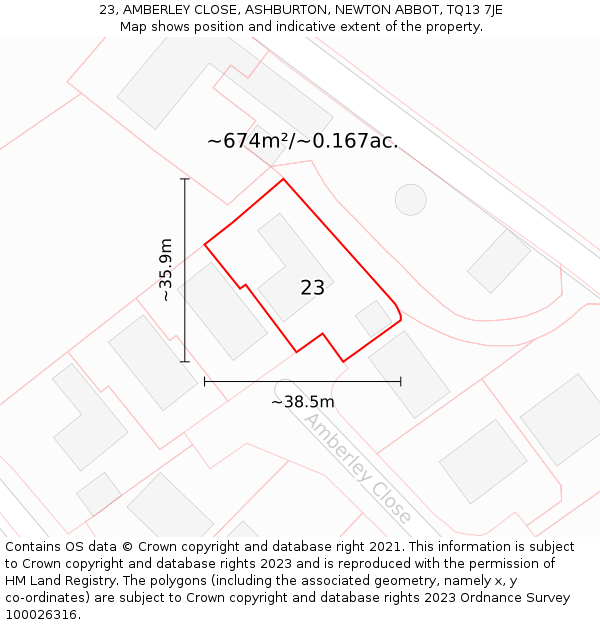 23, AMBERLEY CLOSE, ASHBURTON, NEWTON ABBOT, TQ13 7JE: Plot and title map