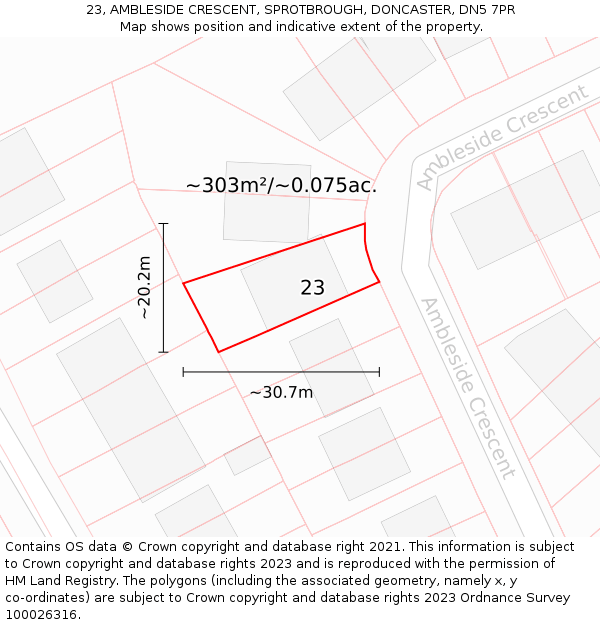 23, AMBLESIDE CRESCENT, SPROTBROUGH, DONCASTER, DN5 7PR: Plot and title map