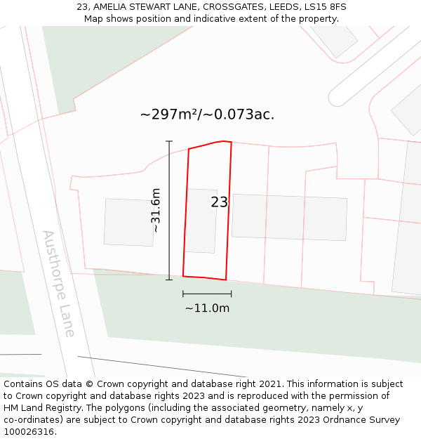 23, AMELIA STEWART LANE, CROSSGATES, LEEDS, LS15 8FS: Plot and title map