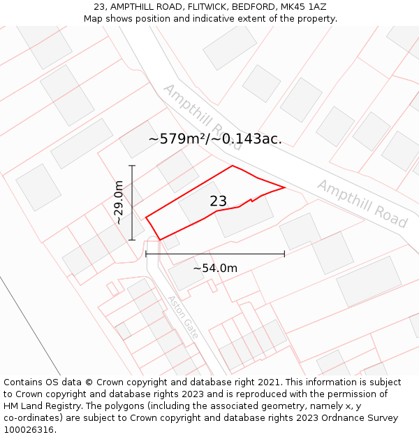 23, AMPTHILL ROAD, FLITWICK, BEDFORD, MK45 1AZ: Plot and title map