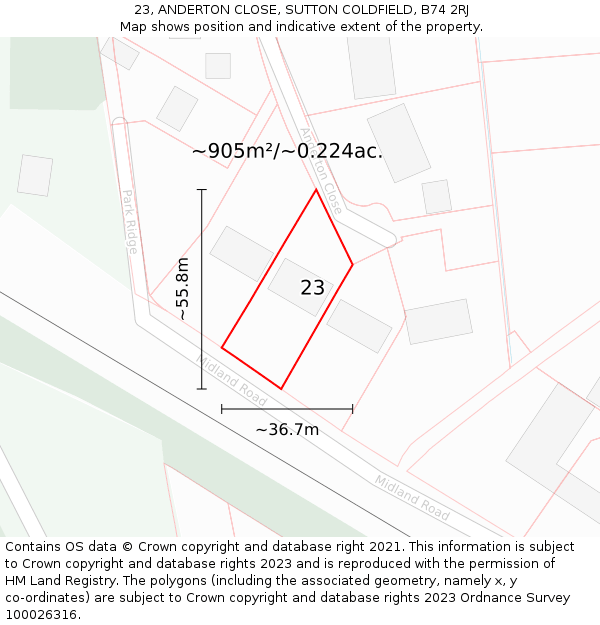 23, ANDERTON CLOSE, SUTTON COLDFIELD, B74 2RJ: Plot and title map