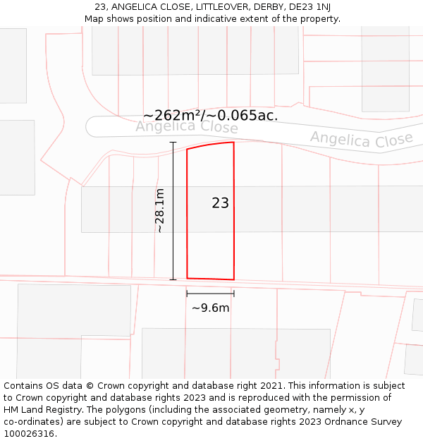 23, ANGELICA CLOSE, LITTLEOVER, DERBY, DE23 1NJ: Plot and title map