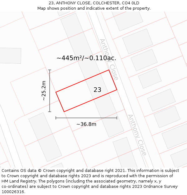 23, ANTHONY CLOSE, COLCHESTER, CO4 0LD: Plot and title map