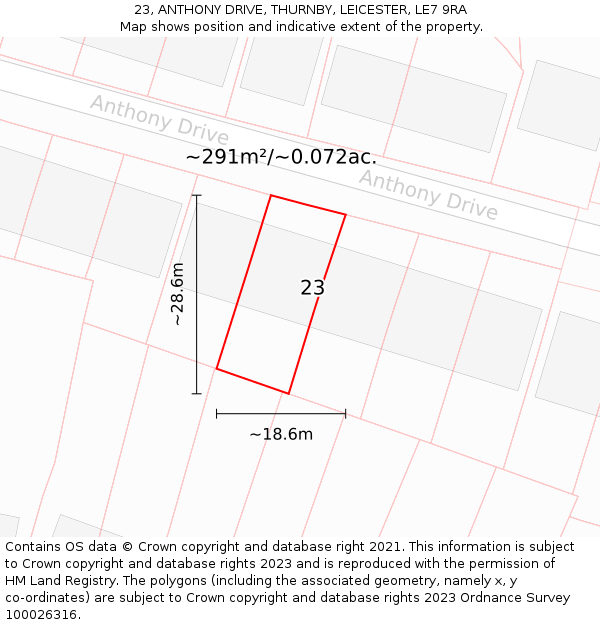 23, ANTHONY DRIVE, THURNBY, LEICESTER, LE7 9RA: Plot and title map