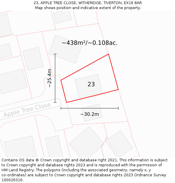 23, APPLE TREE CLOSE, WITHERIDGE, TIVERTON, EX16 8AR: Plot and title map