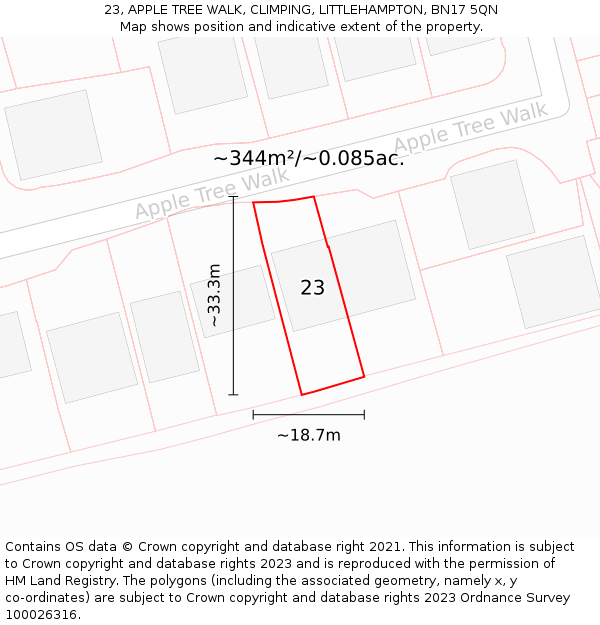 23, APPLE TREE WALK, CLIMPING, LITTLEHAMPTON, BN17 5QN: Plot and title map