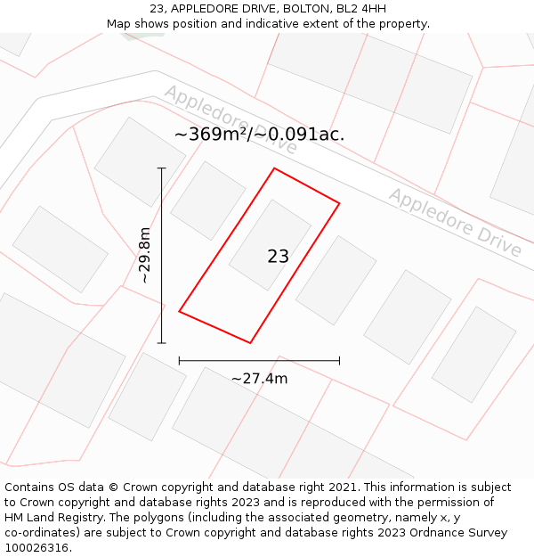 23, APPLEDORE DRIVE, BOLTON, BL2 4HH: Plot and title map