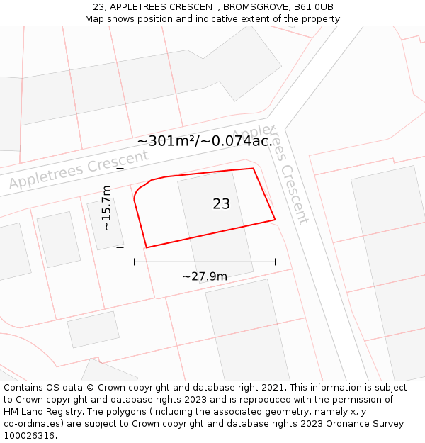 23, APPLETREES CRESCENT, BROMSGROVE, B61 0UB: Plot and title map