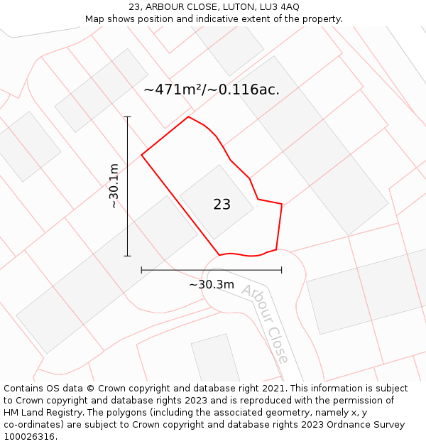 23, ARBOUR CLOSE, LUTON, LU3 4AQ: Plot and title map