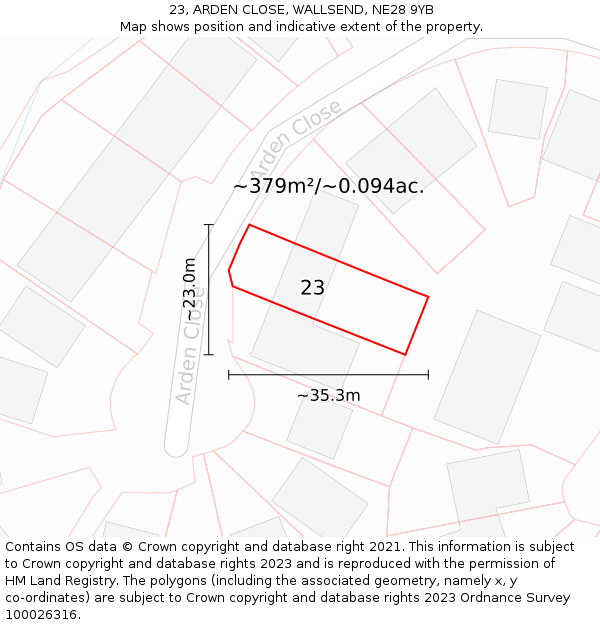 23, ARDEN CLOSE, WALLSEND, NE28 9YB: Plot and title map