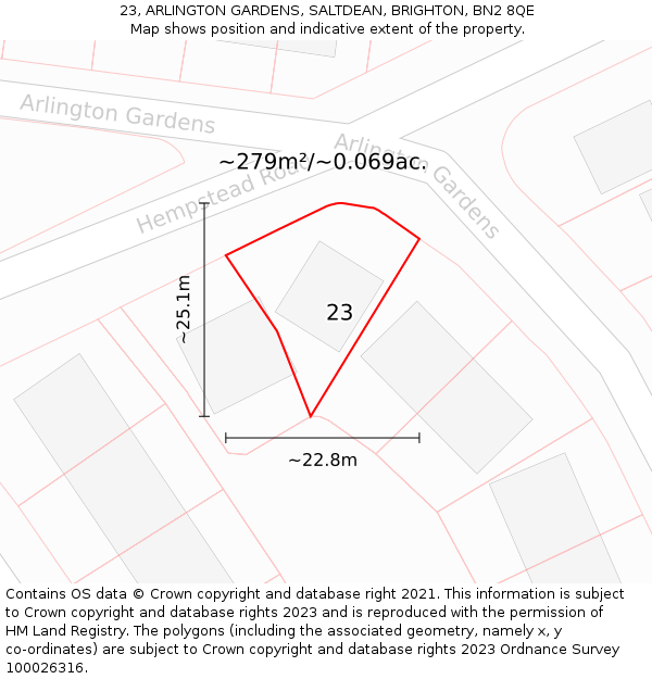 23, ARLINGTON GARDENS, SALTDEAN, BRIGHTON, BN2 8QE: Plot and title map