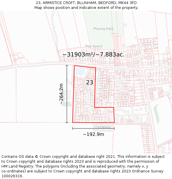 23, ARMISTICE CROFT, BLUNHAM, BEDFORD, MK44 3FD: Plot and title map