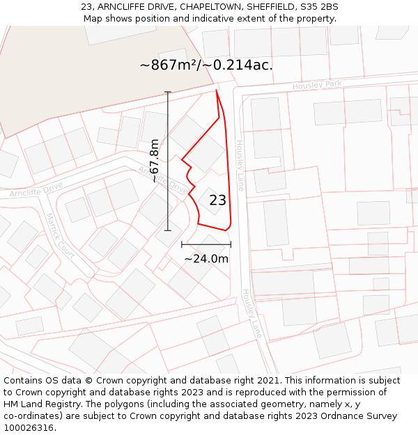 23, ARNCLIFFE DRIVE, CHAPELTOWN, SHEFFIELD, S35 2BS: Plot and title map