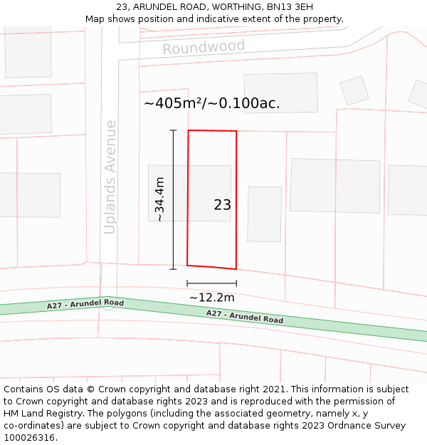 23, ARUNDEL ROAD, WORTHING, BN13 3EH: Plot and title map