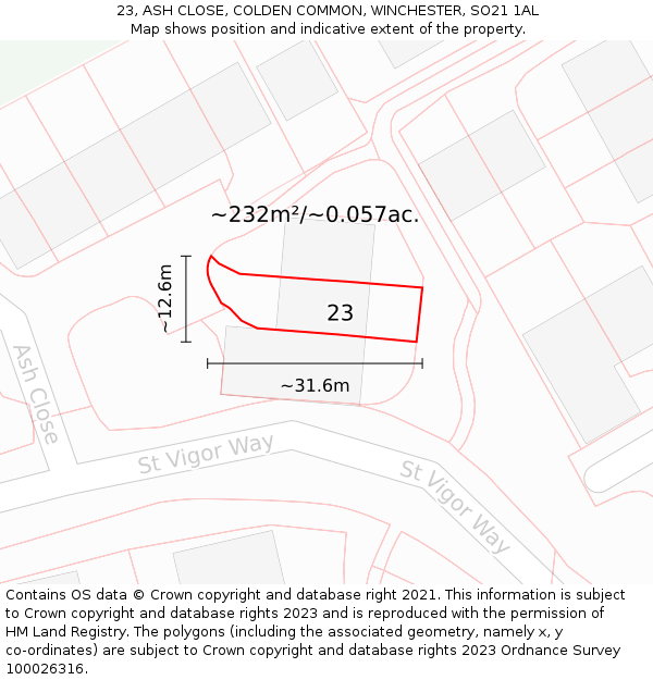 23, ASH CLOSE, COLDEN COMMON, WINCHESTER, SO21 1AL: Plot and title map