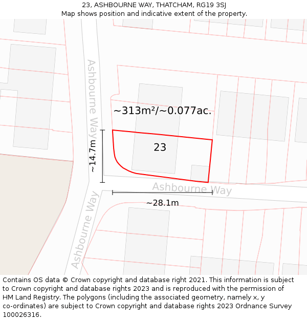 23, ASHBOURNE WAY, THATCHAM, RG19 3SJ: Plot and title map